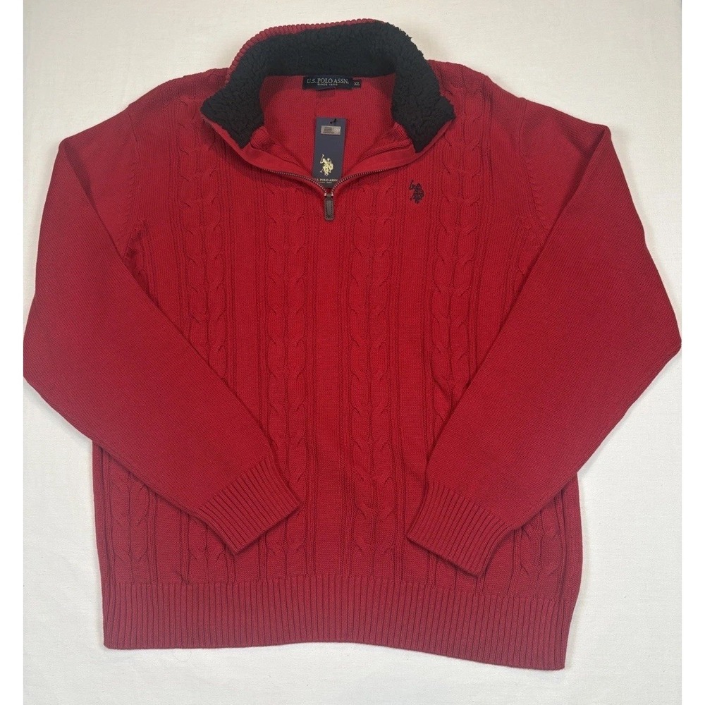 NWT US  Polo Association 1/4 Zip Red Cable Knit Sweater Mens X-Large Engine Red